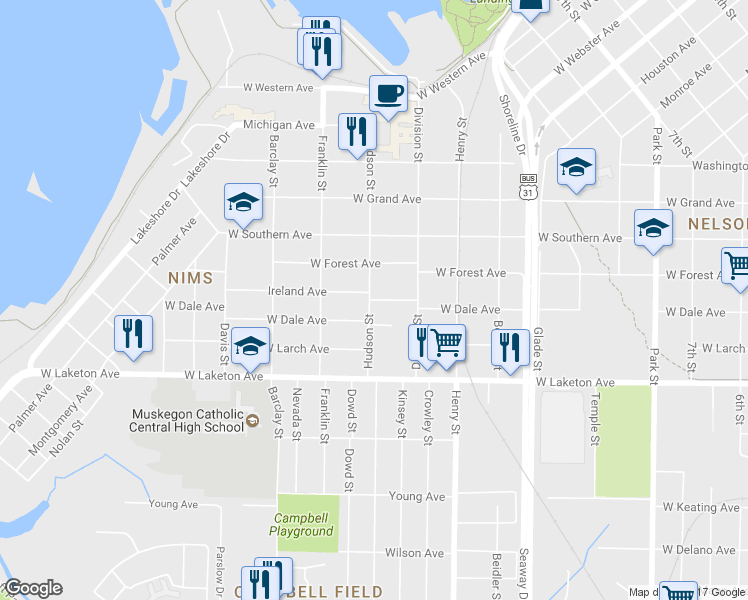 map of restaurants, bars, coffee shops, grocery stores, and more near 946 Ireland Avenue in Muskegon