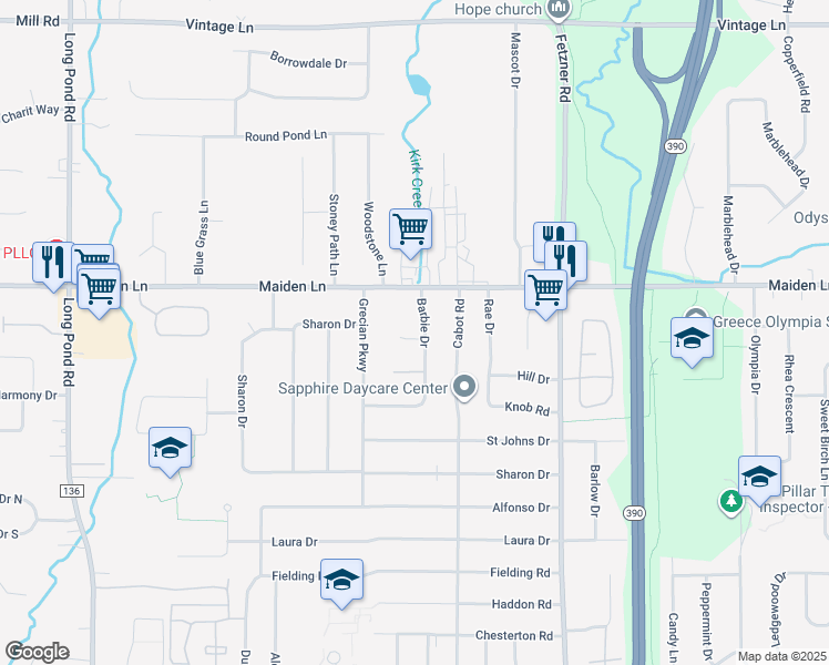 map of restaurants, bars, coffee shops, grocery stores, and more near 35 Barbie Drive in Rochester