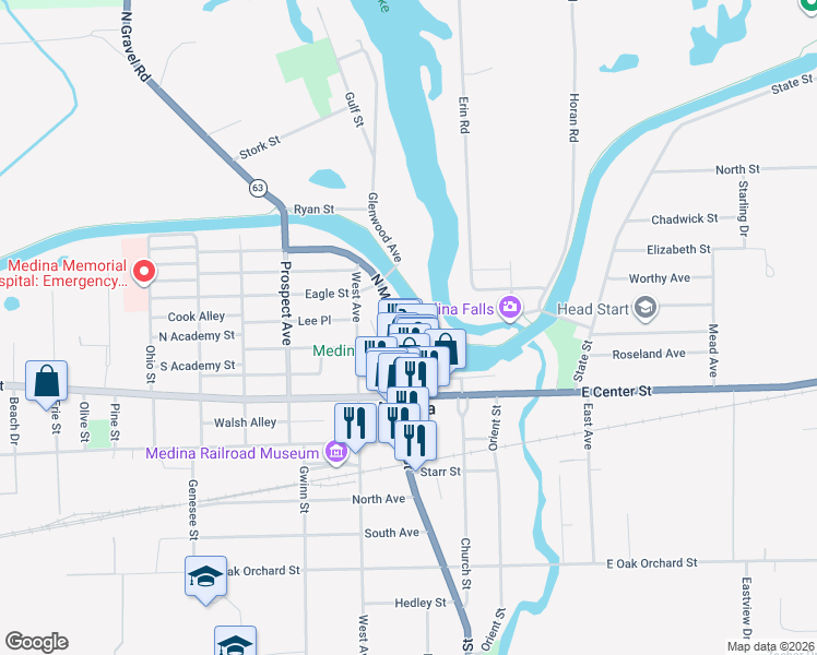 map of restaurants, bars, coffee shops, grocery stores, and more near 331 North Main Street in Medina