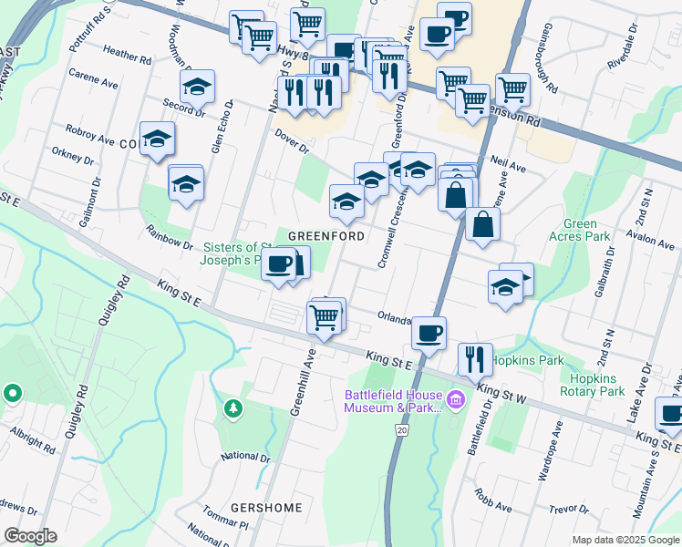 map of restaurants, bars, coffee shops, grocery stores, and more near 62 Owen Place in Hamilton