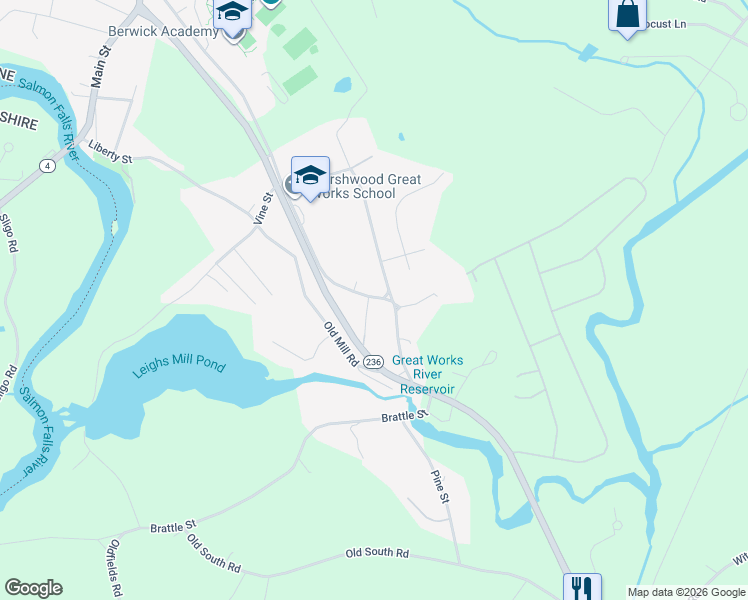 map of restaurants, bars, coffee shops, grocery stores, and more near 74 Academy Street in South Berwick