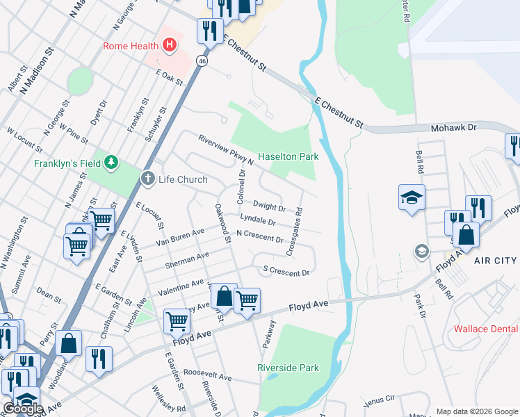 map of restaurants, bars, coffee shops, grocery stores, and more near 112 Dwight Drive in Rome