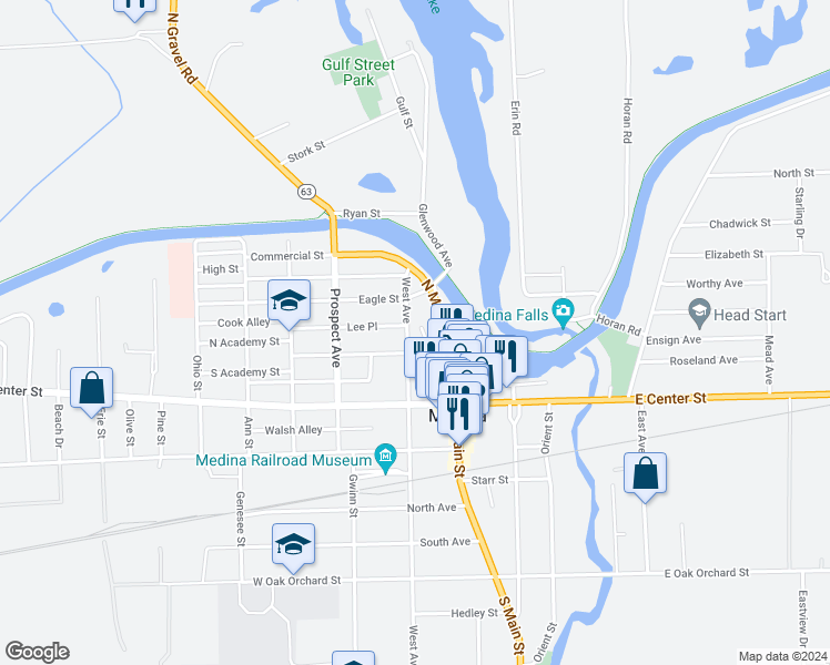 map of restaurants, bars, coffee shops, grocery stores, and more near 321 West Avenue in Medina