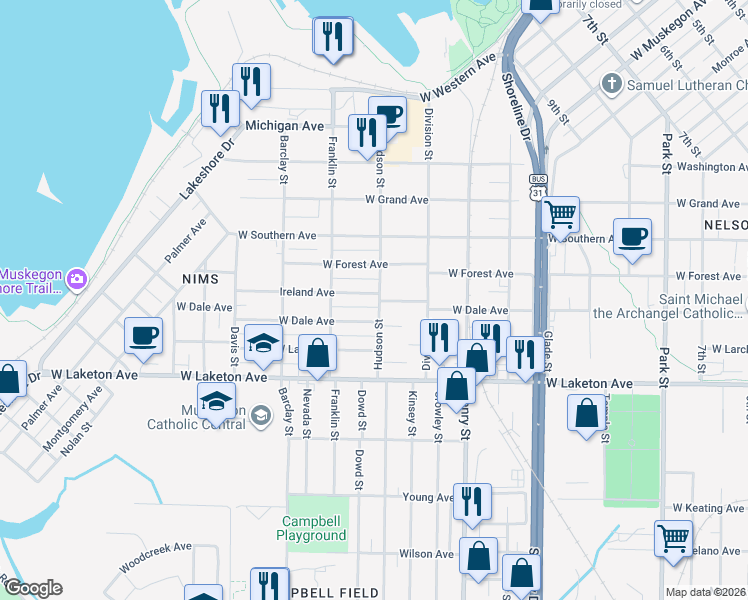 map of restaurants, bars, coffee shops, grocery stores, and more near 946 Ireland Avenue in Muskegon