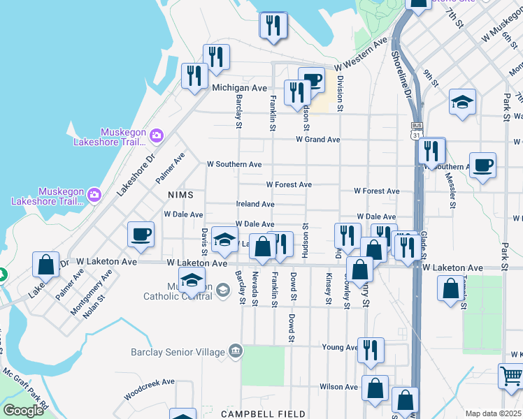 map of restaurants, bars, coffee shops, grocery stores, and more near 1069 Ireland Avenue in Muskegon