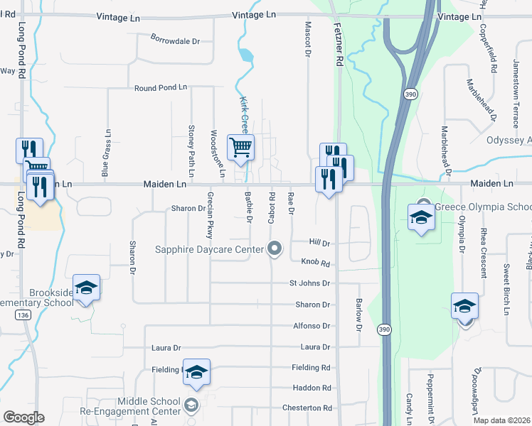 map of restaurants, bars, coffee shops, grocery stores, and more near 725 Cabot Road in Rochester