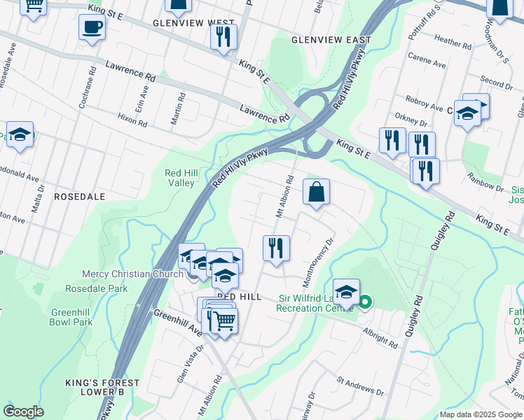 map of restaurants, bars, coffee shops, grocery stores, and more near 20 Congress Crescent in Hamilton