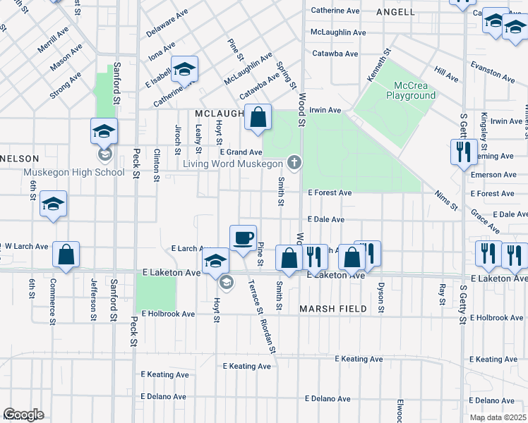 map of restaurants, bars, coffee shops, grocery stores, and more near 1650 Pine Street in Muskegon