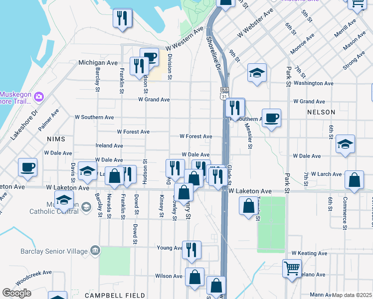 map of restaurants, bars, coffee shops, grocery stores, and more near 834 West Dale Avenue in Muskegon