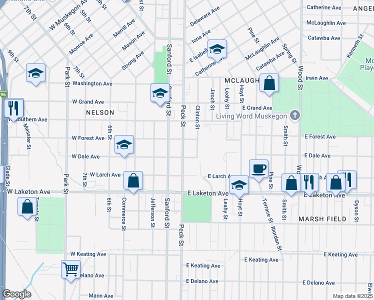 map of restaurants, bars, coffee shops, grocery stores, and more near 1652 Peck Street in Muskegon