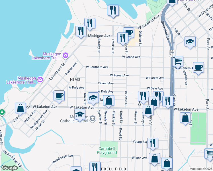 map of restaurants, bars, coffee shops, grocery stores, and more near 1069 Ireland Avenue in Muskegon