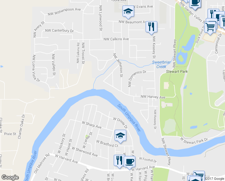 map of restaurants, bars, coffee shops, grocery stores, and more near 1789 Northwest Riverview Drive in Roseburg