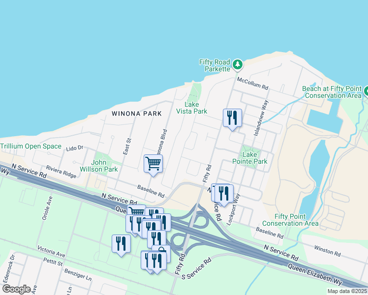 map of restaurants, bars, coffee shops, grocery stores, and more near Montreal Circle in Hamilton