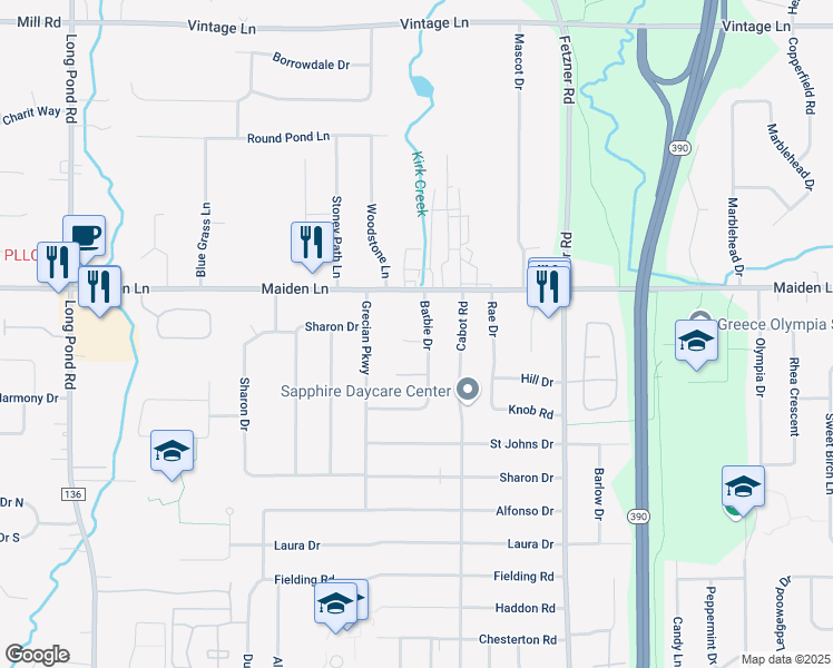 map of restaurants, bars, coffee shops, grocery stores, and more near 35 Barbie Drive in Rochester