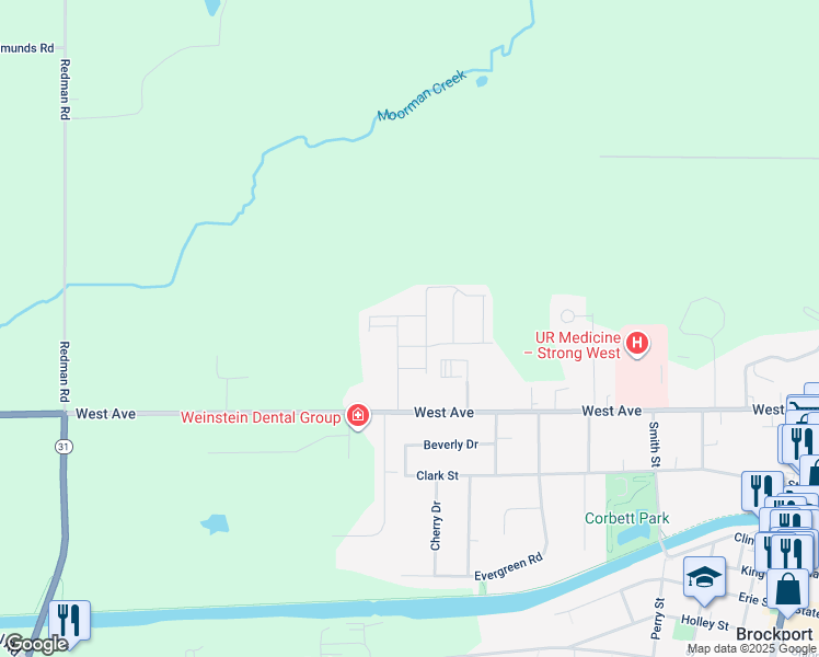 map of restaurants, bars, coffee shops, grocery stores, and more near 151 Sunset Center Lane in Brockport