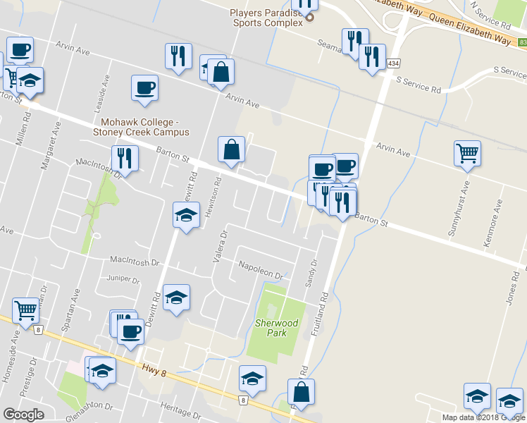 map of restaurants, bars, coffee shops, grocery stores, and more near 26 Chelsea Crescent in Hamilton