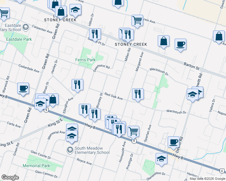 map of restaurants, bars, coffee shops, grocery stores, and more near 231 Millen Road in Hamilton