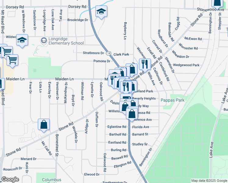 map of restaurants, bars, coffee shops, grocery stores, and more near 618 Stone Road in Rochester