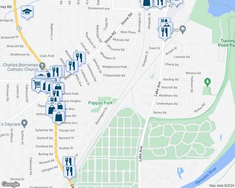 map of restaurants, bars, coffee shops, grocery stores, and more near 460 Bennington Drive in Rochester