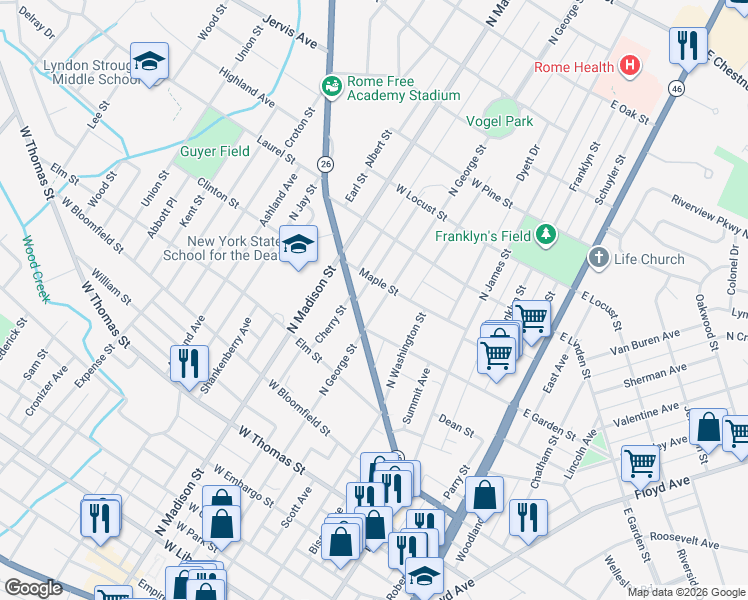map of restaurants, bars, coffee shops, grocery stores, and more near 811 North George Street in Rome