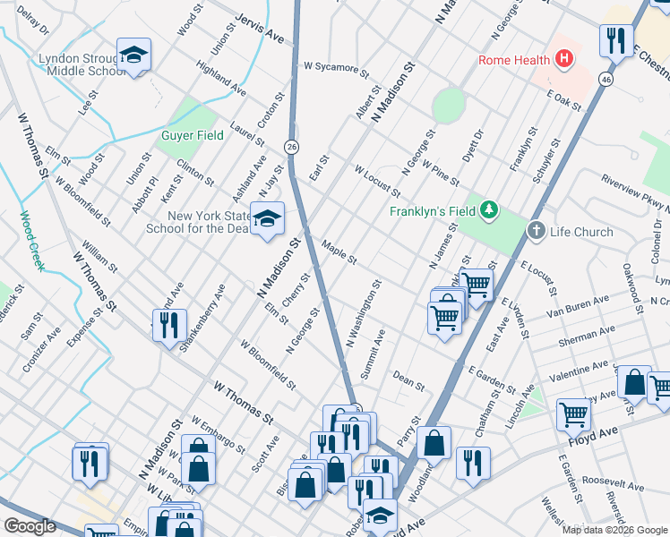 map of restaurants, bars, coffee shops, grocery stores, and more near 809 North George Street in Rome