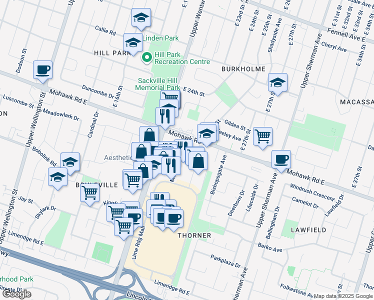 map of restaurants, bars, coffee shops, grocery stores, and more near 436 Mohawk Road East in Hamilton
