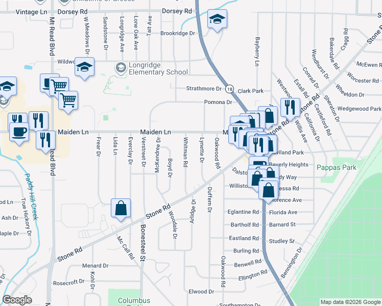 map of restaurants, bars, coffee shops, grocery stores, and more near 125 Whitman Rd in Rochester
