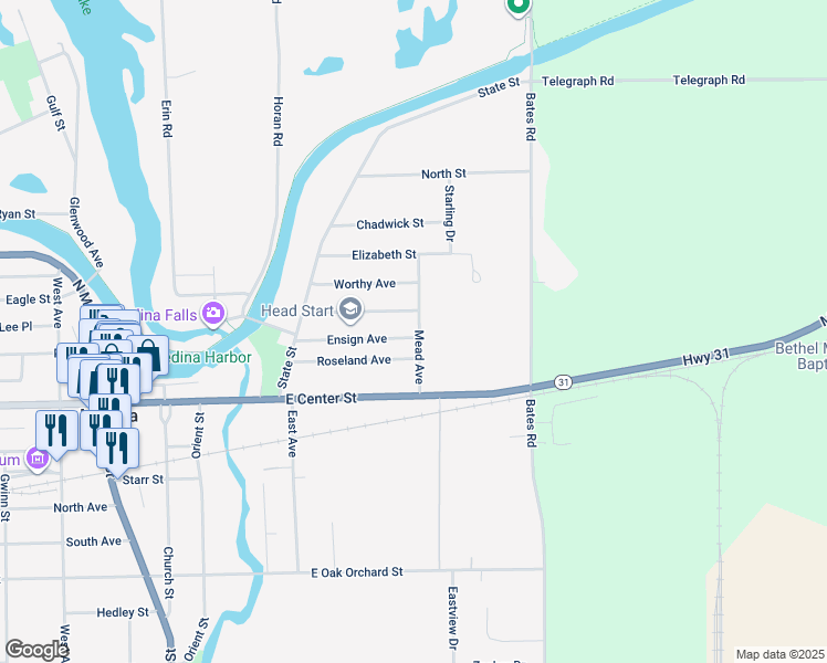 map of restaurants, bars, coffee shops, grocery stores, and more near 301 Mead Avenue in Medina