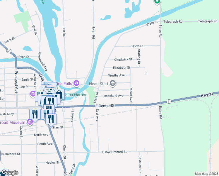 map of restaurants, bars, coffee shops, grocery stores, and more near 117 Ensign Avenue in Medina