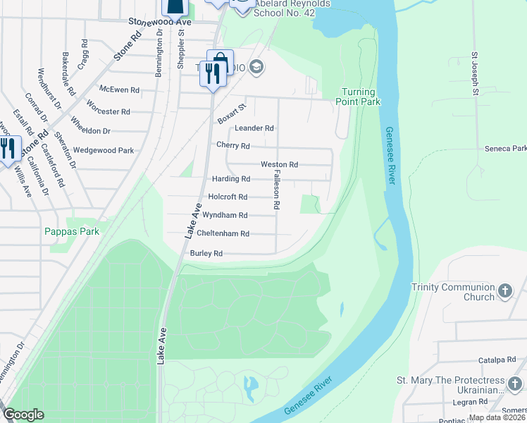 map of restaurants, bars, coffee shops, grocery stores, and more near 144 Wyndham Road in Rochester