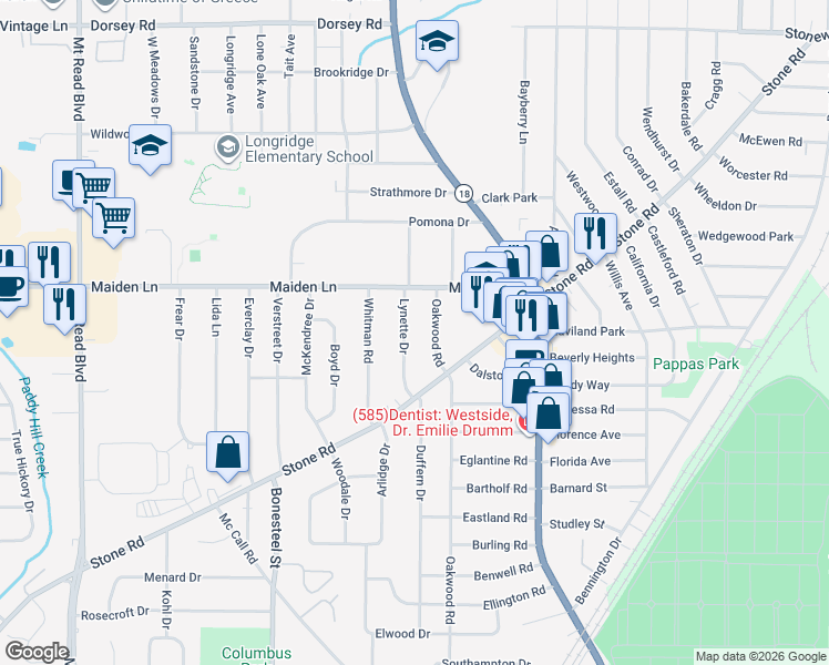 map of restaurants, bars, coffee shops, grocery stores, and more near 104 Lynette Drive in Rochester