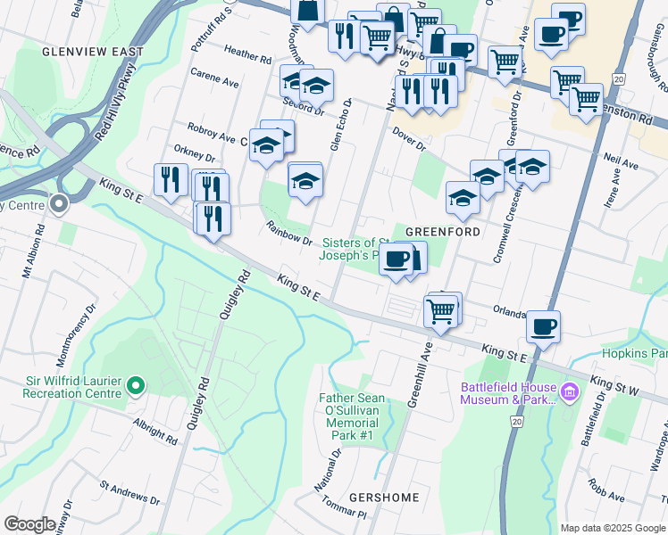 map of restaurants, bars, coffee shops, grocery stores, and more near 214 Nash Road South in Hamilton