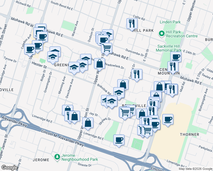 map of restaurants, bars, coffee shops, grocery stores, and more near 14 Swallow Crescent in Hamilton