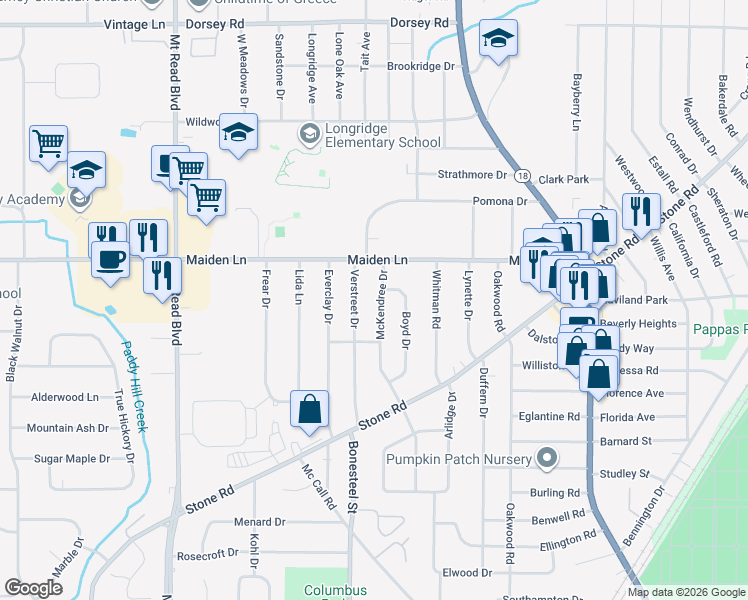 map of restaurants, bars, coffee shops, grocery stores, and more near 109 McKendree Drive in Rochester