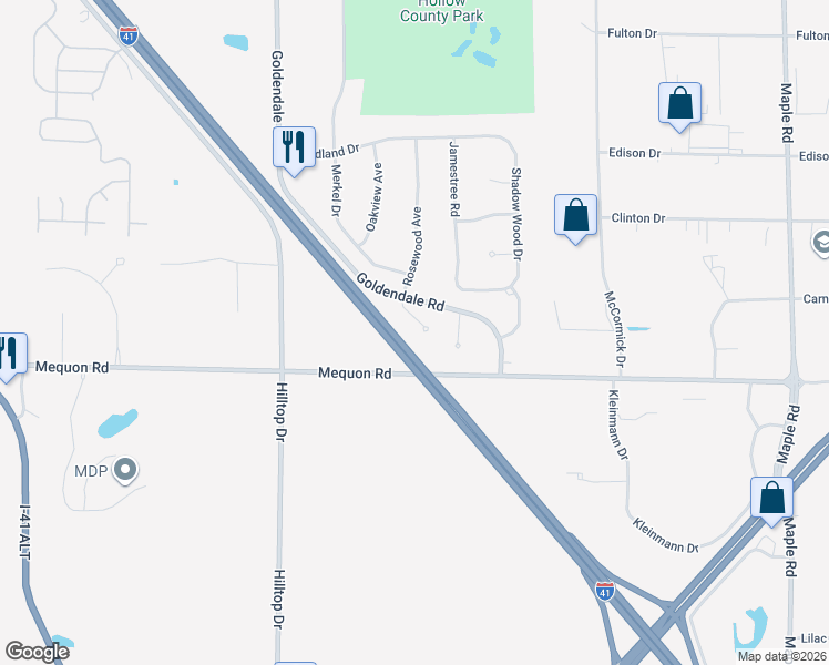 map of restaurants, bars, coffee shops, grocery stores, and more near W199N11266 Rosewood Court in Germantown