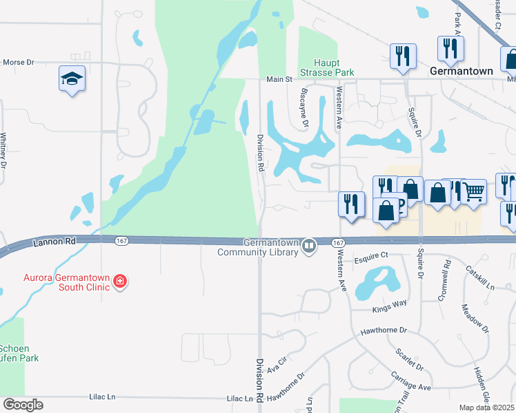 map of restaurants, bars, coffee shops, grocery stores, and more near W172N11287 Division Road in Germantown