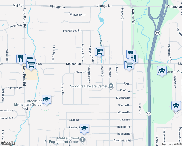 map of restaurants, bars, coffee shops, grocery stores, and more near 29 Grecian Parkway in Rochester