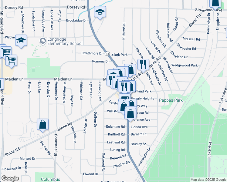 map of restaurants, bars, coffee shops, grocery stores, and more near 618 Stone Road in Rochester