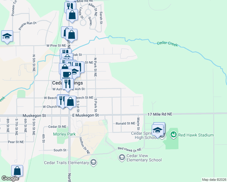 map of restaurants, bars, coffee shops, grocery stores, and more near 252 E Ash St in Cedar Springs