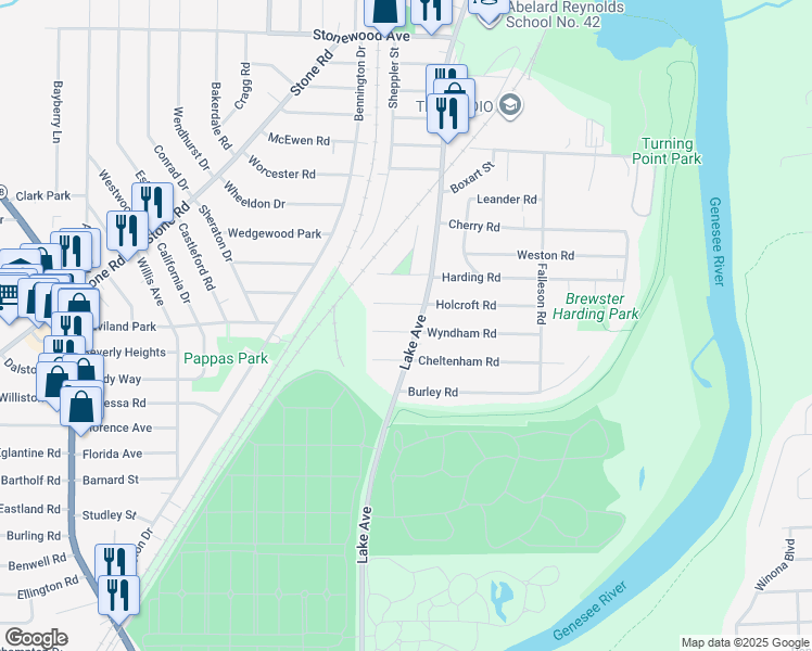 map of restaurants, bars, coffee shops, grocery stores, and more near 2915 Lake Avenue in Rochester