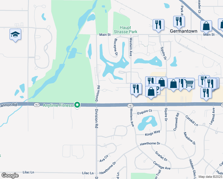 map of restaurants, bars, coffee shops, grocery stores, and more near N112W17032 Vista Court in Germantown