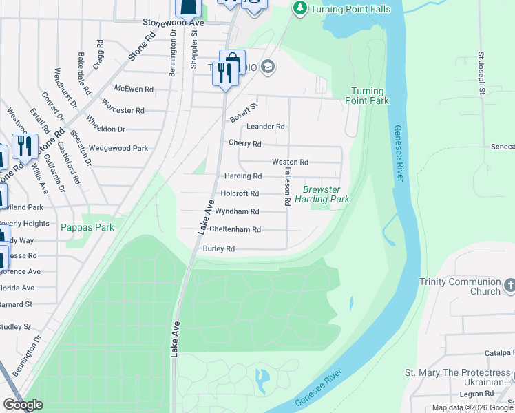 map of restaurants, bars, coffee shops, grocery stores, and more near 90 Wyndham Road in Rochester