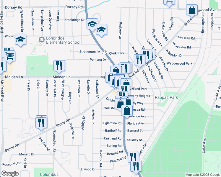 map of restaurants, bars, coffee shops, grocery stores, and more near 618 Stone Road in Rochester