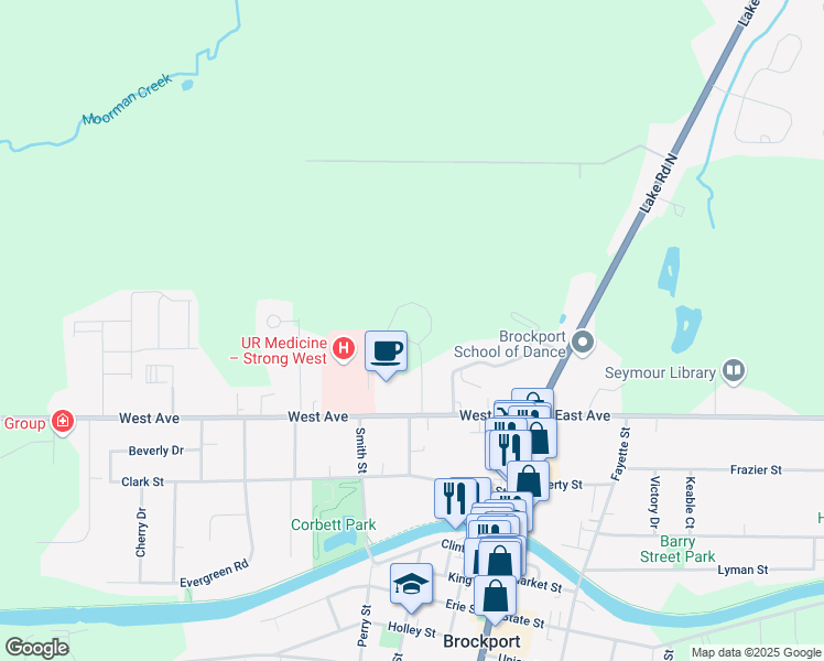 map of restaurants, bars, coffee shops, grocery stores, and more near 90 West Avenue in Brockport