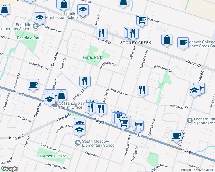 map of restaurants, bars, coffee shops, grocery stores, and more near 375 Red Oak Avenue in Hamilton
