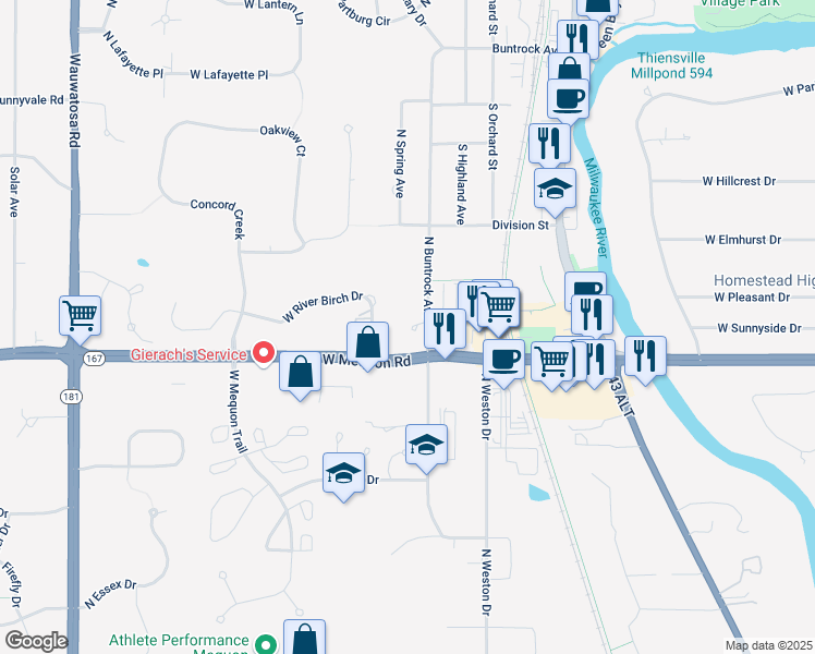 map of restaurants, bars, coffee shops, grocery stores, and more near 11245 North Buntrock Avenue in Mequon