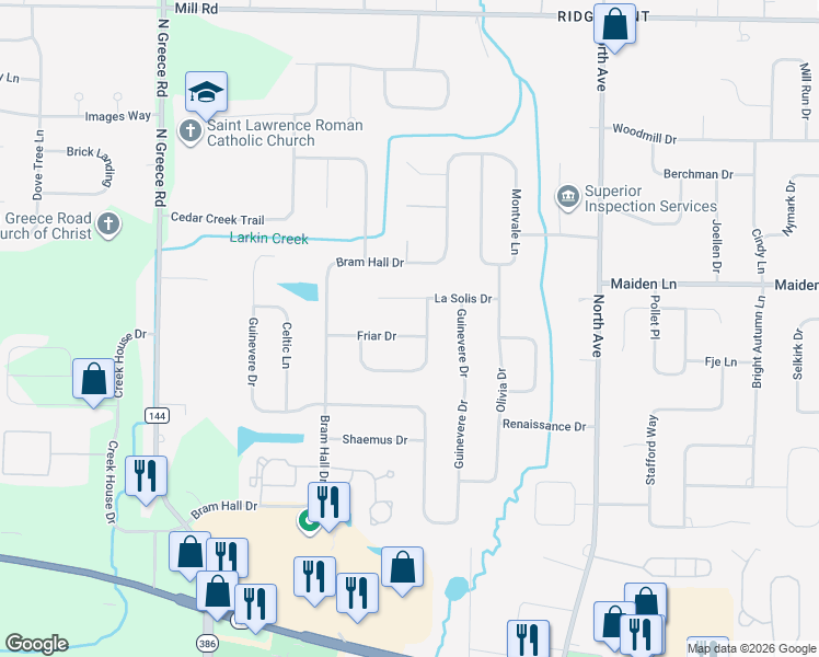 map of restaurants, bars, coffee shops, grocery stores, and more near 36 Friar Drive in Rochester