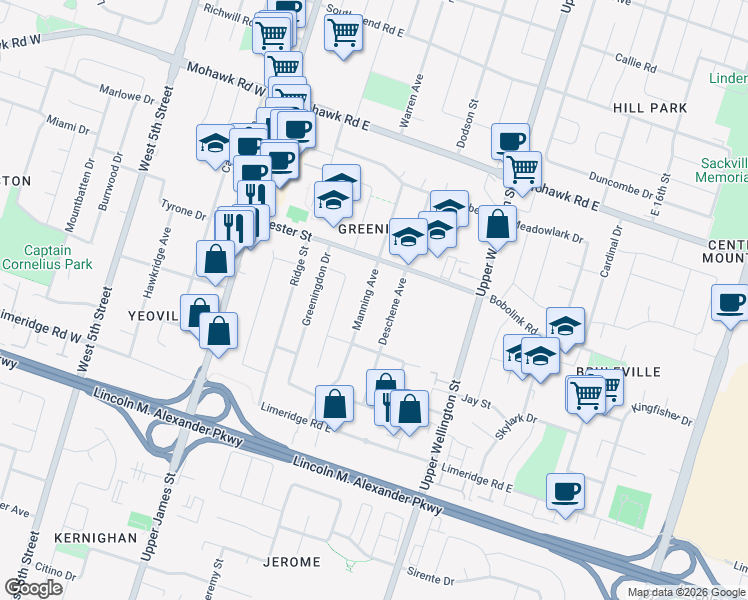 map of restaurants, bars, coffee shops, grocery stores, and more near 115 Manning Avenue in Hamilton