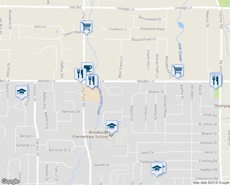 map of restaurants, bars, coffee shops, grocery stores, and more near 44 Running Brook Lane in Rochester