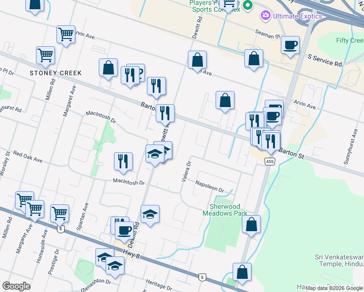 map of restaurants, bars, coffee shops, grocery stores, and more near 10 Hewitson Road in Hamilton